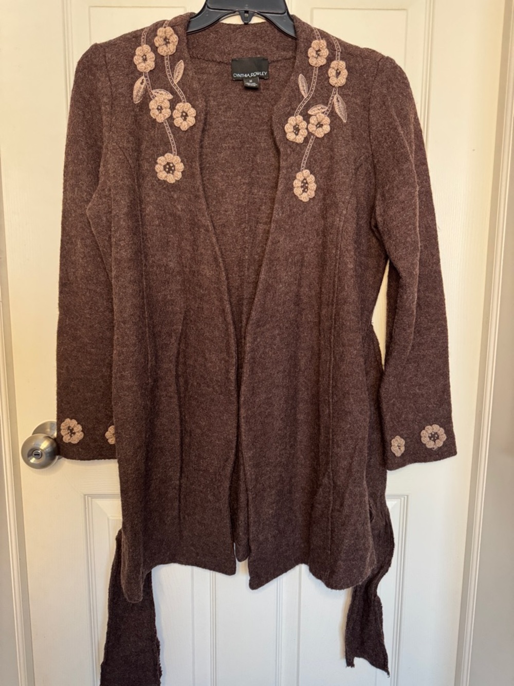 EUC Cynthia Rowley Brown Open-Front Wool Floral Appliqué Cardigan